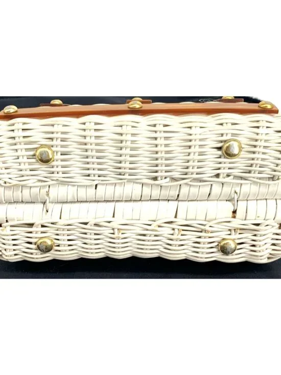 Vintage Purse Nylon Wicker Woven Lucite Handbag British Hong Kong 9" Wide - Picture 8 of 11